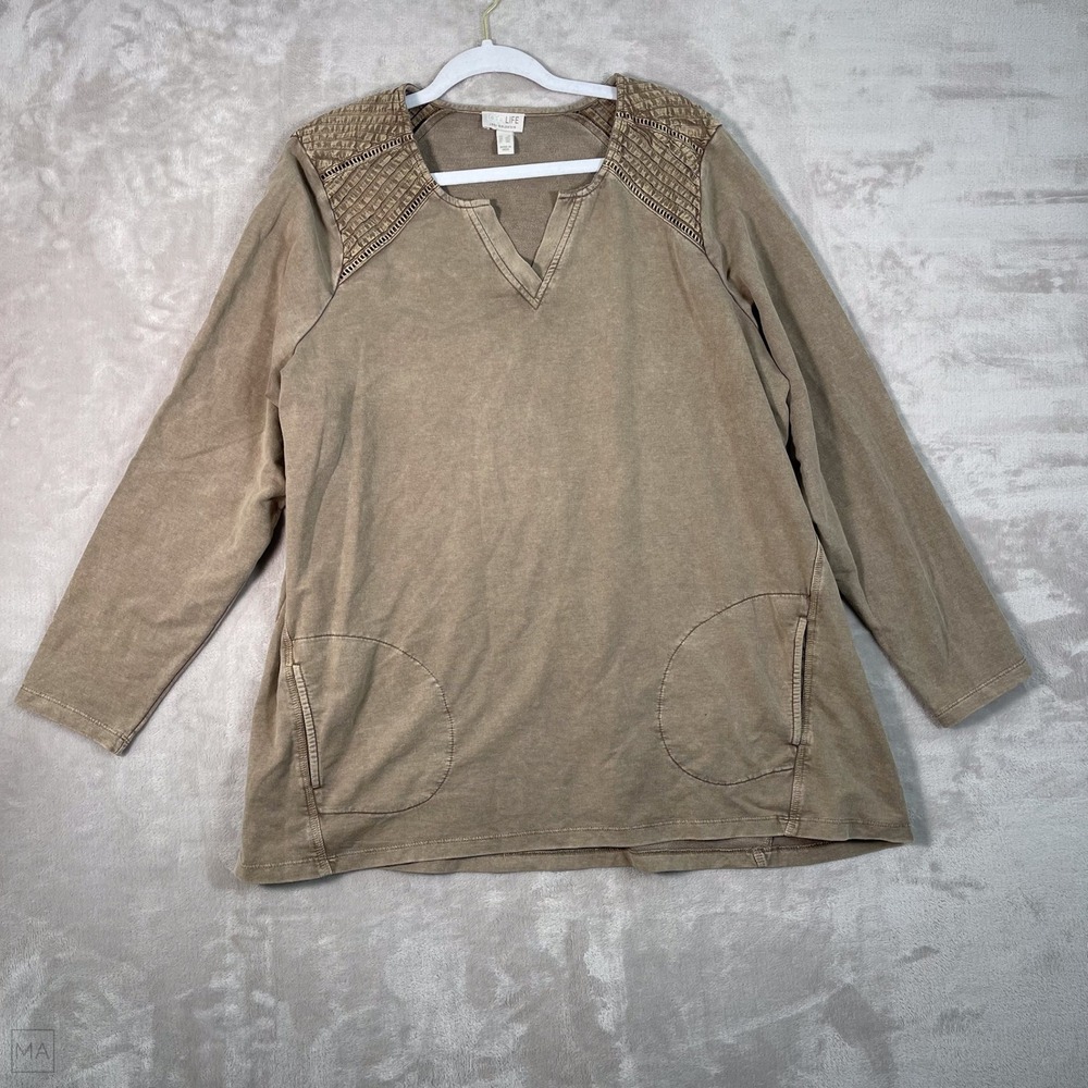Logo Life Lori Goldstein Women's Top Boho Neutral Lagenlook V Neck 1X Tan